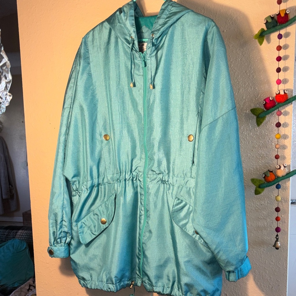 VINTAGE EUC MS.CAMBRIDGE beautiful teal double layered hooded zip up Finch